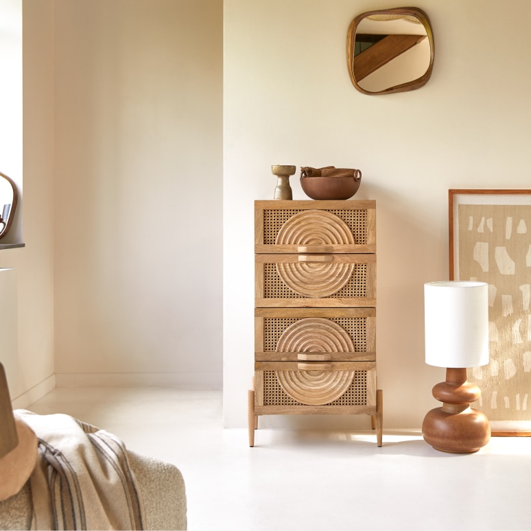 Sina - Cassettiera in legno di mango massello e rattan
