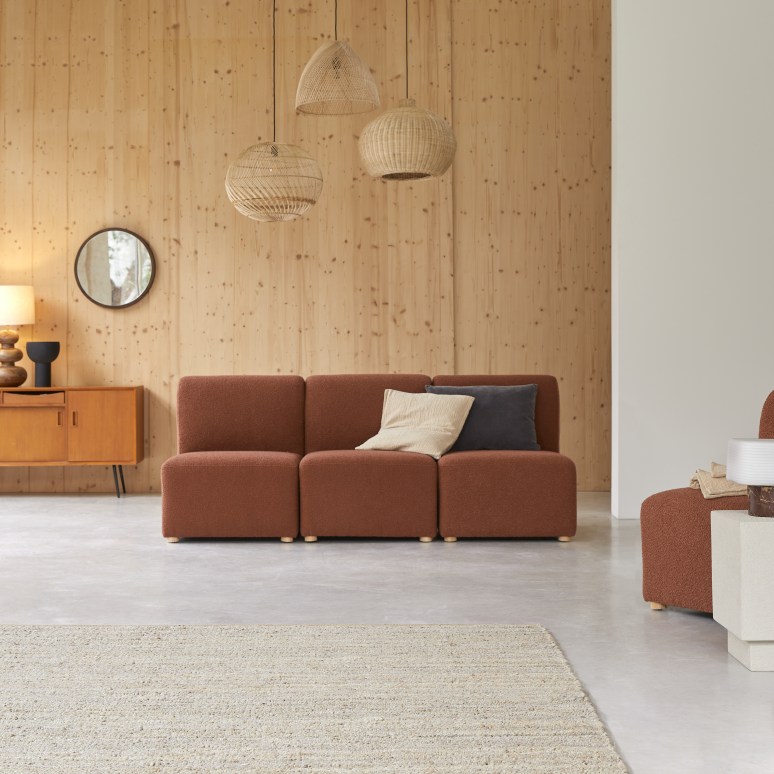 Swann - Banqueta modular de 3 plazas de acacia maciza y tela terracota